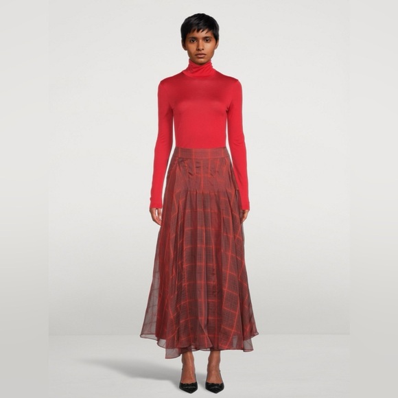 Akris Plaid Pleated Silk Organza Skirt